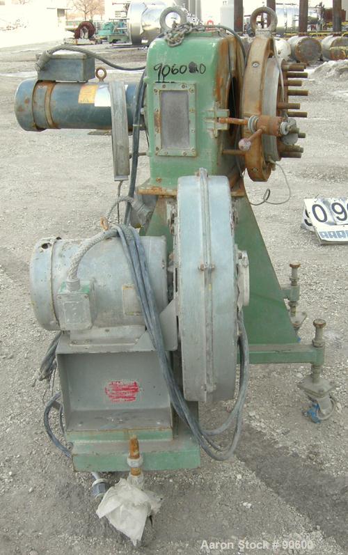 USED: Cincinnati hot face pelletizer. Last used with a twin screw extruder. Approximate 2 hp pelletizer motor, no rotor or blades. Includes a bottom discharge hopper with a Cincinnati model PB18 alum...