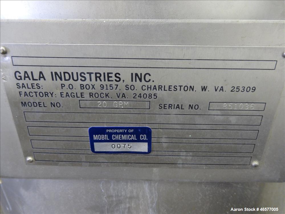 Used Gala Pelletizing System Consisting Of: (1) Gala pelletizer Model 5, driven by a 2hp, 3/60/230-460/3490 rpm motor, serial#902151. (1) Gala spin dryer, model 8.1 BF, approximate 8" diameter x 22.5...
