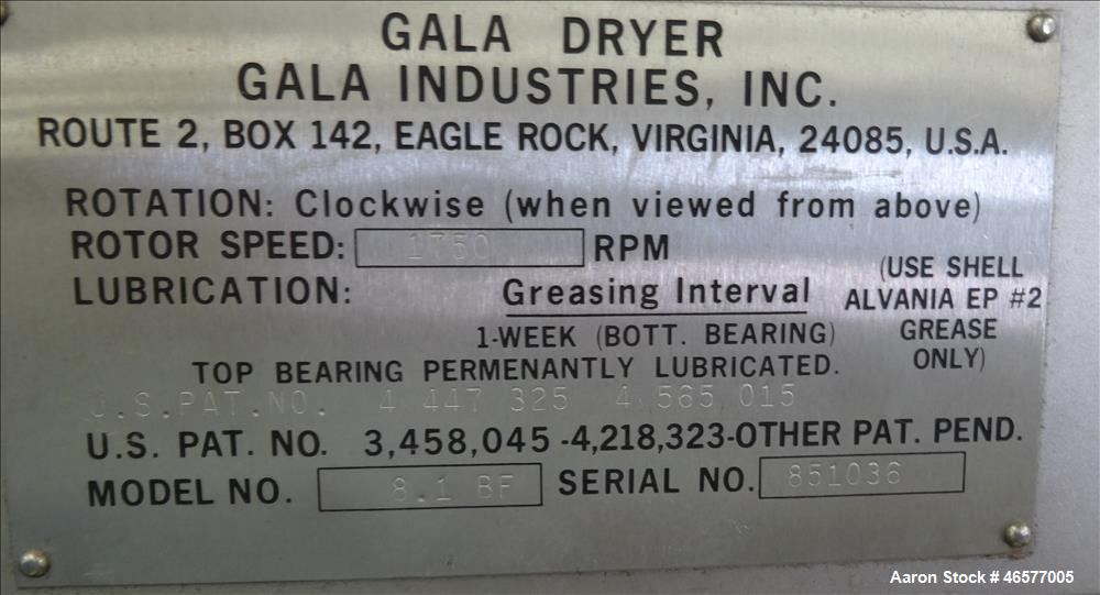 Used Gala Pelletizing System Consisting Of: (1) Gala pelletizer Model 5, driven by a 2hp, 3/60/230-460/3490 rpm motor, serial#902151. (1) Gala spin dryer, model 8.1 BF, approximate 8" diameter x 22.5...