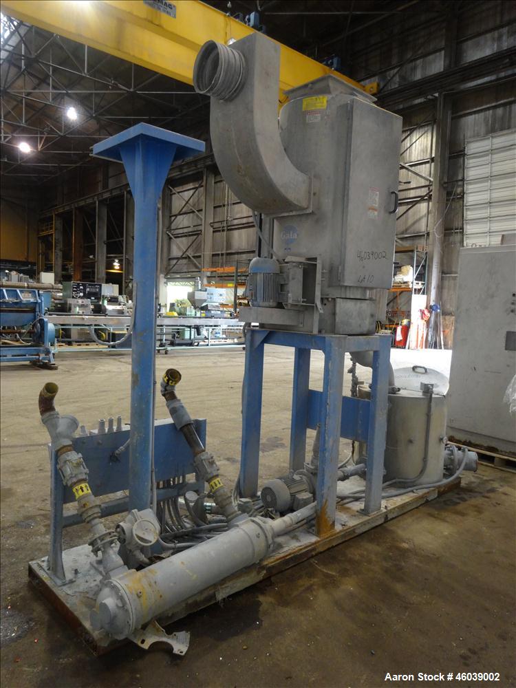 Used Gala Underwater Pelletizing System Consisting Of: (1) Gala cutting head, model 6D, serial# 972498. Includes blades, and stand. Driven by a 5hp, 3/60/230/460 volt, 3455 rpm motor. (1) Gala water ...