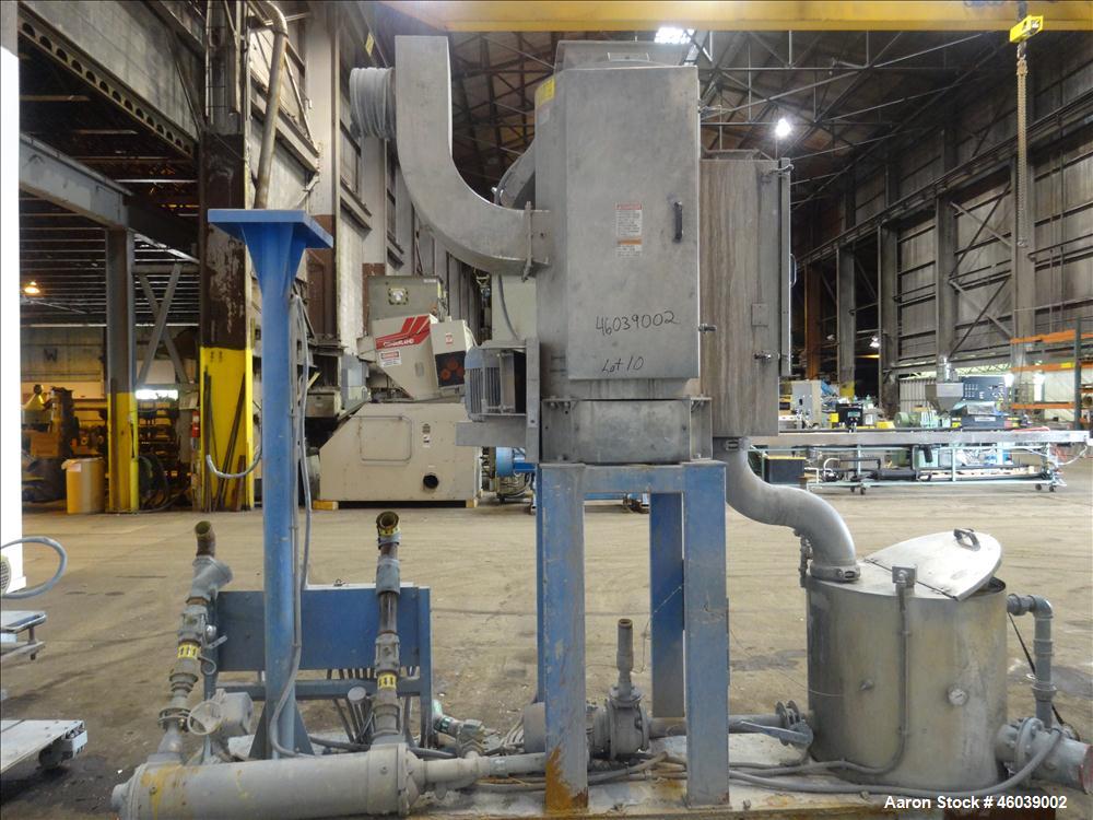 Used Gala Underwater Pelletizing System Consisting Of: (1) Gala cutting head, model 6D, serial# 972498. Includes blades, and stand. Driven by a 5hp, 3/60/230/460 volt, 3455 rpm motor. (1) Gala water ...