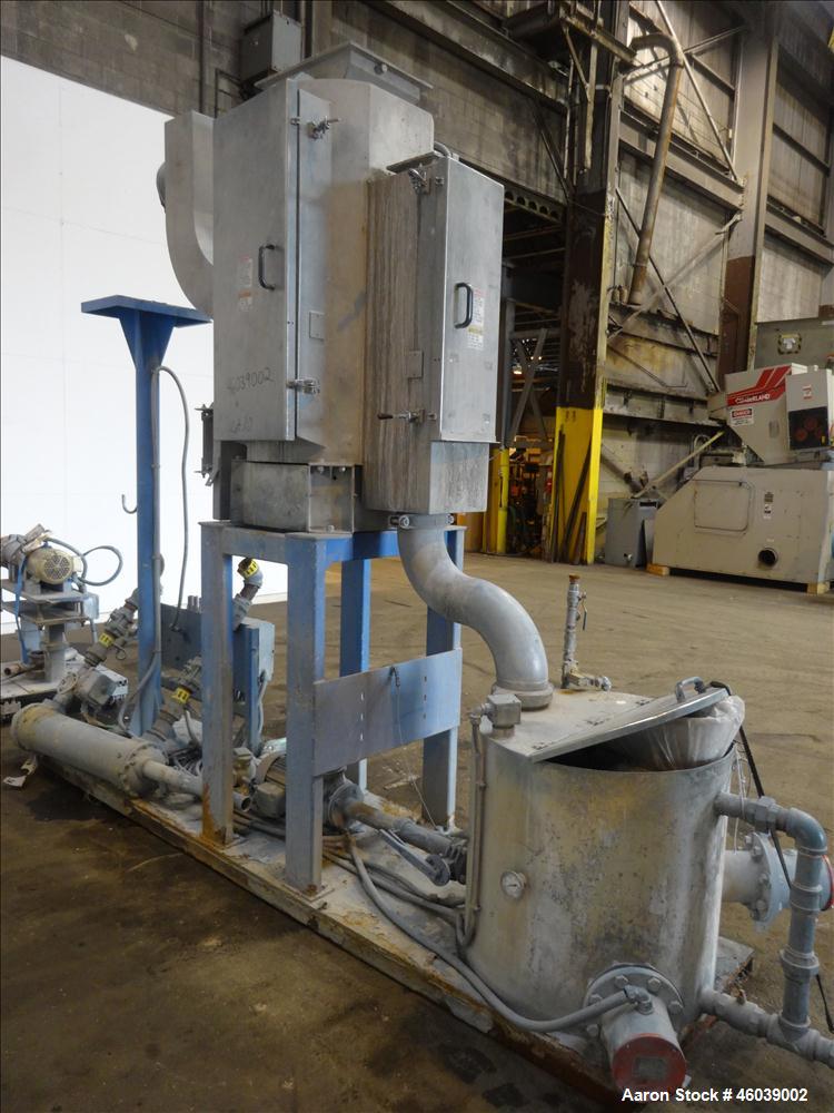 Used Gala Underwater Pelletizing System Consisting Of: (1) Gala cutting head, model 6D, serial# 972498. Includes blades, and stand. Driven by a 5hp, 3/60/230/460 volt, 3455 rpm motor. (1) Gala water ...