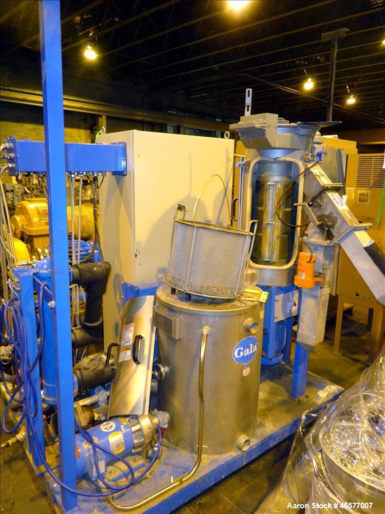 Used (1) Gala pelletizer model SLC 6, driven by a 4 kw 230-460 volt, 3450 rpm motor, serial number 982439 (1) Gala spin dryer model 8.1BF, approximate 8" diameter x 26" chamber driven by a 3 hp, 208-...