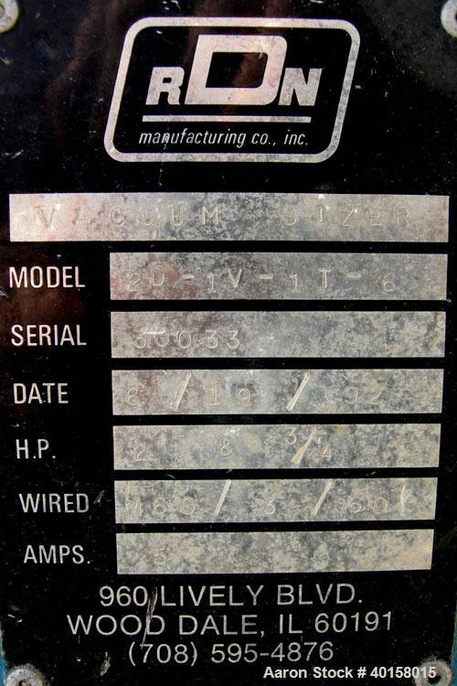 Used RDN vacuum sizing tank, model 2D-1V-1T-6, 304 stainless steel. 8" wide x 7.5" deep x 72" long. (1) section with a cover. 4" diameter end openings. Includes holding tank, heat exchanger, 1-1/2 hp...