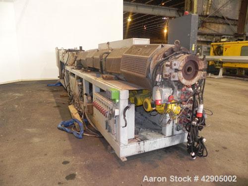 Used Battenfeld 24’’ Maximum Diameter PVC Pipe Extrusion Line. Consisting of: (1) Battenfeld 168 mm counter-rotating twin screw extruder, model BEX-2-168/28, serial# 9621-61, built 2000. Electrically...