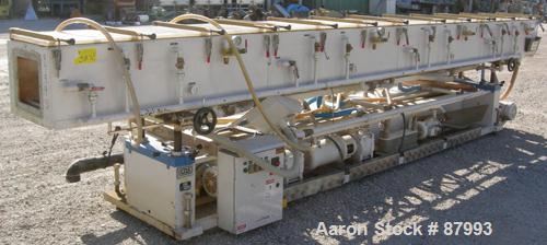 Used Custom Downstream Systems Vacuum Sizing Tank, Model CVS-20-16-20, 304 stainless steel. (4) Sections, 16" wide x 20" deep x 240" long. Plexiglass top covers. Includes holding tank, heat exchanger...