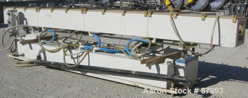 Used Custom Downstream Systems Vacuum Sizing Tank, Model CVS-20-16-20, 304 stainless steel. (4) Sections, 16" wide x 20" deep x 240" long. Plexiglass top covers. Includes holding tank, heat exchanger...