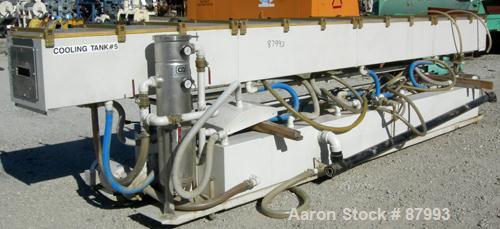 Used Custom Downstream Systems Vacuum Sizing Tank, Model CVS-20-16-20, 304 stainless steel. (4) Sections, 16" wide x 20" deep x 240" long. Plexiglass top covers. Includes holding tank, heat exchanger...