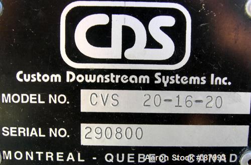 Used Custom Downstream Systems Vacuum Sizing Tank, Model CVS-20-16-20, 304 stainless steel. (4) Sections, 16" wide x 20" deep x 240" long. Plexiglass top covers. Includes holding tank, heat exchanger...