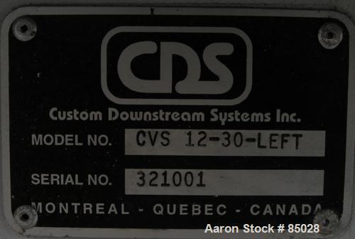 USED: Custom Downstream System vacuum sizing tank, model CVS12-30-LEFT, 304 stainless steel. 12" wide x 12" deep x 30' long. Includes holding tank, heat exchanger, pumps, panel and covers. Mounted on...