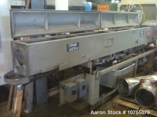 Used Conair Jetro/Gatto Model DPC1070-14-3 Vacuum Sizer Tank. Right to left operation. 230/3/60, 9.75 maximum amps, 2 hp water and vacuum pumps, 72" long Section One, 72" long Section Two, and 24" lo...