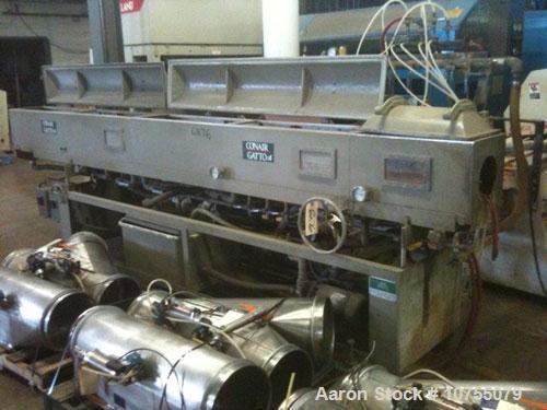 Used Conair Jetro/Gatto Model DPC1070-14-3 Vacuum Sizer Tank. Right to left operation. 230/3/60, 9.75 maximum amps, 2 hp water and vacuum pumps, 72" long Section One, 72" long Section Two, and 24" lo...