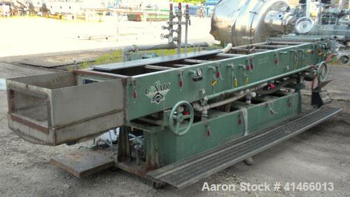 Used Conair Metaplast Vacuum Sizing Tank, Model MVS3-14-SP L-R, 304 stainless steel. 28" wide x 12" deep x 164" long. No top covers. Includes holding tank, heat exchanger, centrifugal pumps, vacuum p...