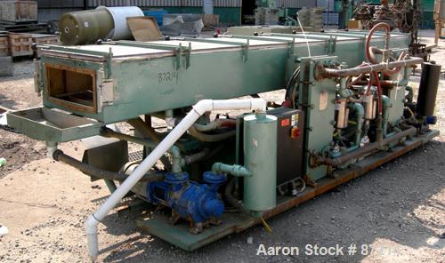 USED: Conair Metaplast vacuum sizing tank, stainless steel. 28" wide x 14' long x 13" deep. Includes (2) 5 hp pumps, (2) 2 hp centrifugal pumps, (3) piece top cover, (2) APV plate heat exchangers, ho...