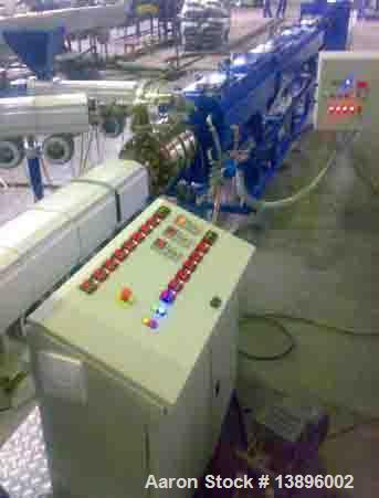 Used Pipe Extrusion Line, capacity 441 lbs/hour (200 kg/h), 160 hp/120 kW, handles pipe diameters 1.58", 2.95", 3.54", 4.33", 4.92", 5.51" and 6.30" (40, 75, 90, 110, 125, 140 and 160 mm). Comprised ...