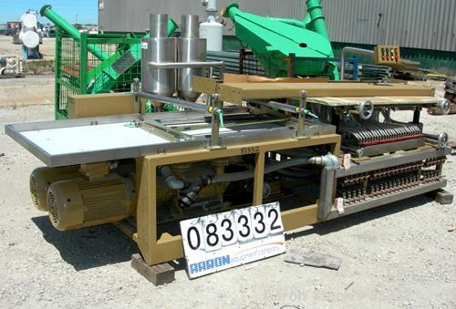 USED: Royal Machine vacuum calibration table, model 004. Consisting of: (1) 42" wide x 69" long vacuum table section; (1) stainless steel pan; (2) Pompetravaini model 65-45011-C/GH-Z vacuum pumps, ea...