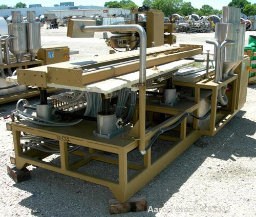 USED: Royal Machine vacuum calibration table, model 004. Consisting of: (1) 42" wide x 69" long vacuum table section; (1) stainless steel pan; (2) Pompetravaini model 65-45011-C/GH-Z vacuum pumps, ea...