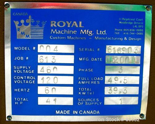 USED: Royal Machine vacuum calibration table, model 004. Consisting of: (1) 42" wide x 69" long vacuum table section; (1) stainless steel pan; (2) Pompetravaini model 65-45011-C/GH-Z vacuum pumps, ea...