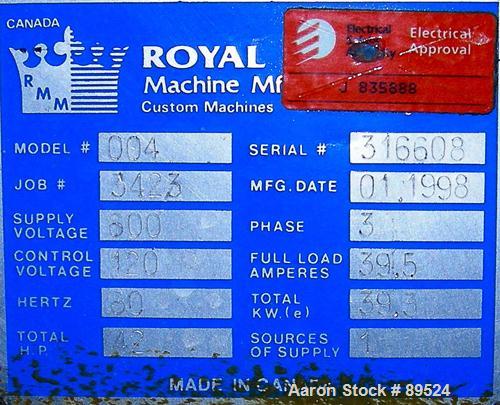 USED: Royal Machine vacuum calibration table, model 004, consisting of (1) 26" wide x 118" long x 2" deep stainless steel pan. (2) Vacuum pumps, each driven by a 20 hp, 3/60/575 volt, 1750 rpm motor....
