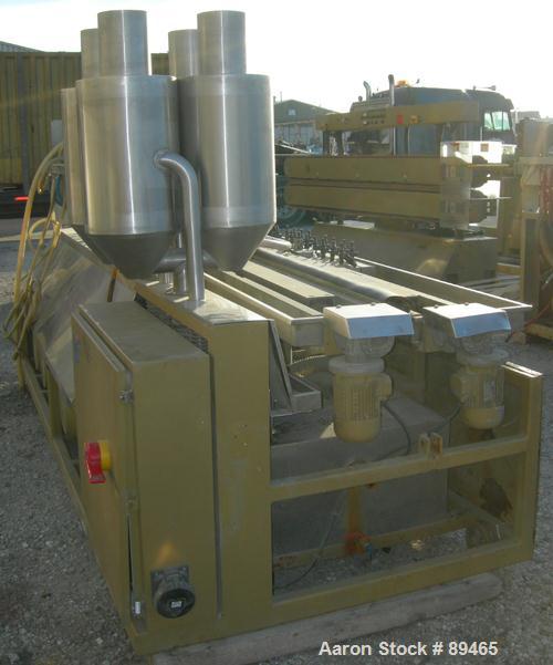 USED: Royal Machine dual lane vacuum calibration table, model 009, consisting of: (1) 17-1/2" wide x 142" long x 2" deep stainless steel pan, (1) 12-1/2" wide x 142" long x 2" deep stainless steel pa...