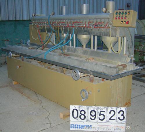 USED: Royal Machine vacuum calibration table, model 009, consisting of (1) 17-1/2" wide x 142" long x 2" deep stainless steel pan. (3) Vacuum pumps, each driven by an approximate 20 hp, 3/60/575 volt...