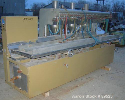 USED: Royal Machine vacuum calibration table, model 009, consisting of (1) 17-1/2" wide x 142" long x 2" deep stainless steel pan. (3) Vacuum pumps, each driven by an approximate 20 hp, 3/60/575 volt...
