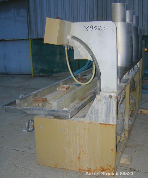 USED: Royal Machine vacuum calibration table, model 009, consisting of (1) 17-1/2" wide x 142" long x 2" deep stainless steel pan. (3) Vacuum pumps, each driven by an approximate 20 hp, 3/60/575 volt...