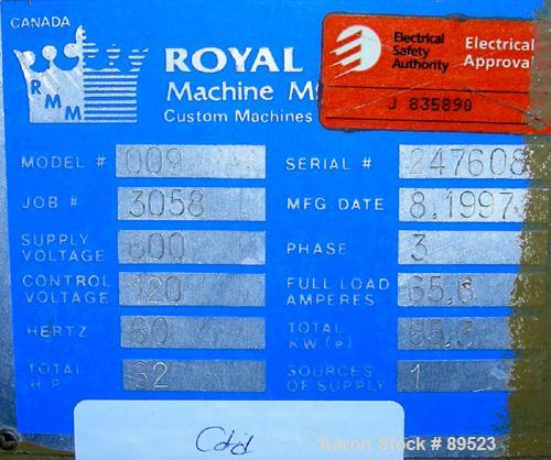USED: Royal Machine vacuum calibration table, model 009, consisting of (1) 17-1/2" wide x 142" long x 2" deep stainless steel pan. (3) Vacuum pumps, each driven by an approximate 20 hp, 3/60/575 volt...