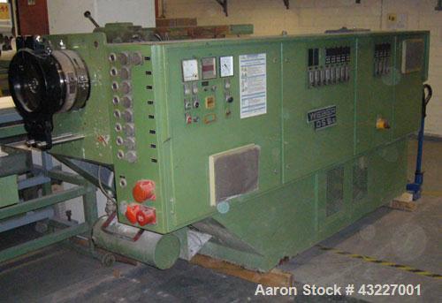 Used Profile Extrusion Line, maximum capacity 242 lbs/hour (110 kg/hour), main motor 76 hp (57 kW).Comprised of:(1) Extruder, Weber DS 6.5, L/D 60-17.(1) Battenfeld K 160 V3 calibration table.(1) Bas...