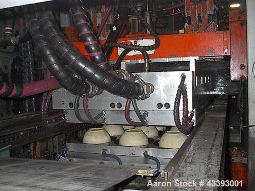 Used Brown Inline Thermoformer, Model C-4200R (also known as a model 42P).  Max forming area 40" x 40", depth of draw 6.5", forming press, Servo index, form press 72 ton, oven length 168", edge trim ...