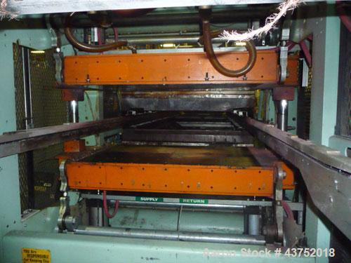 Used Irwin 50" Wide Web Fed Thermoformer, Model 50-160, Type HT-LH. Maximum 50" x 50" mold, 160" long clamshell oven with Calrod heaters. Has servo motor/control for top platen, servo motor/control f...