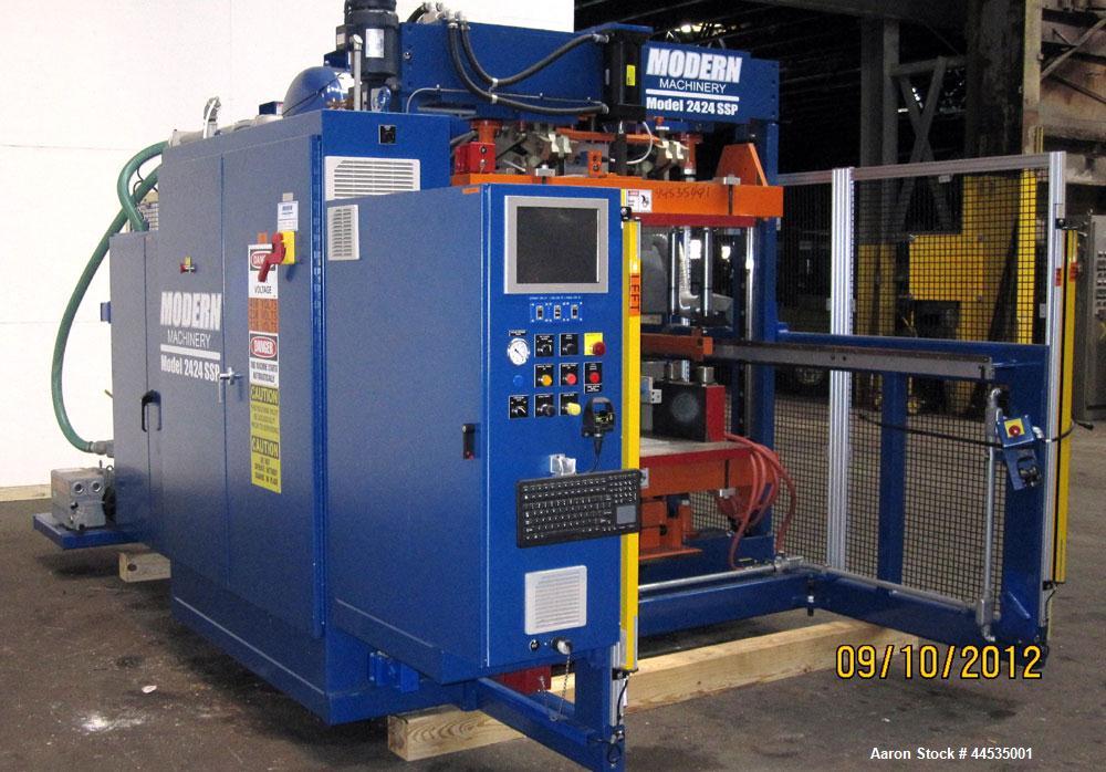 Used Modern Machinery Shuttle Station Pressure / Vacuum Former Thermoformer, Model 2424 SSP. Maximum mold width 24”, maximum mold length 24”. Form tool area dimensions: Open top and bottom- 13-5/8”, ...