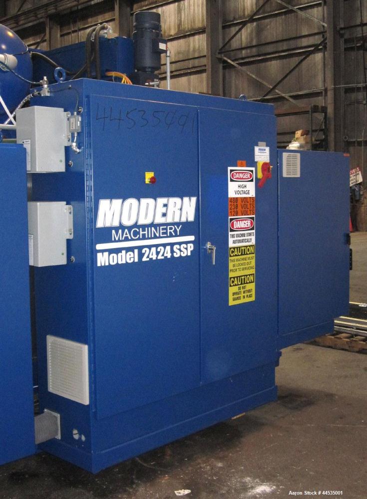 Used Modern Machinery Shuttle Station Pressure / Vacuum Former Thermoformer, Model 2424 SSP. Maximum mold width 24”, maximum mold length 24”. Form tool area dimensions: Open top and bottom- 13-5/8”, ...