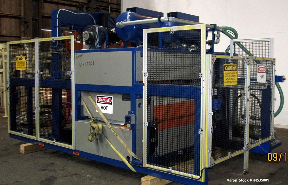Used Modern Machinery Shuttle Station Pressure / Vacuum Former Thermoformer, Model 2424 SSP. Maximum mold width 24”, maximum mold length 24”. Form tool area dimensions: Open top and bottom- 13-5/8”, ...
