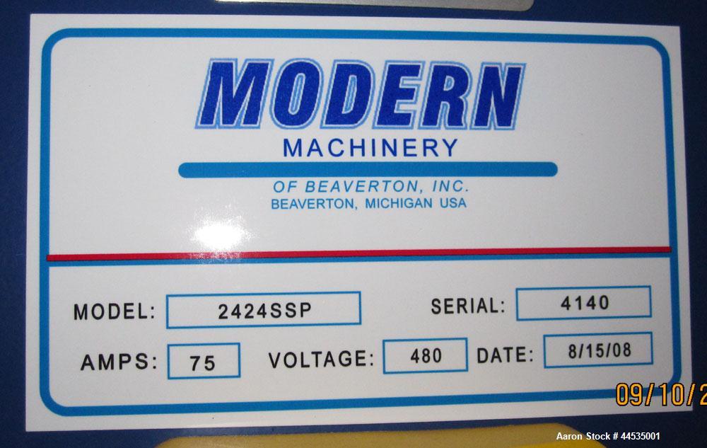Used Modern Machinery Shuttle Station Pressure / Vacuum Former Thermoformer, Model 2424 SSP. Maximum mold width 24”, maximum mold length 24”. Form tool area dimensions: Open top and bottom- 13-5/8”, ...