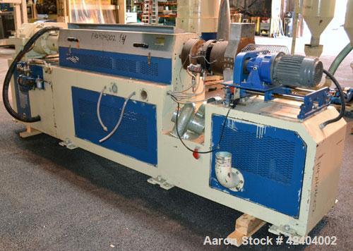 Used Chi Chang Machinery Recycling Line Consisting Of: (1) Chi Chang Approximate 3-1/2’’ single screw extruder, approximately 20 to 1 L/D ratio. Electrically heated, air cooled 4 zone side vented bar...