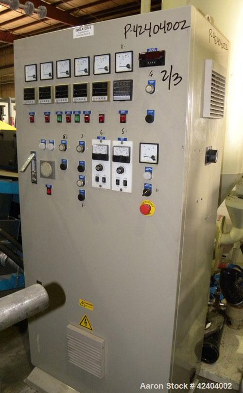 Used Chi Chang Machinery Recycling Line Consisting Of: (1) Chi Chang Approximate 3-1/2’’ single screw extruder, approximately 20 to 1 L/D ratio. Electrically heated, air cooled 4 zone side vented bar...