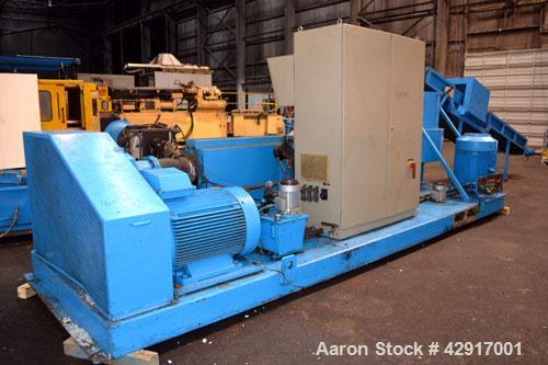 Used Erema Plastic Recycling Plant, Model RM120/35. Consists of (1) Erema model RM120/35 single screw extruder, 4.7’’ (120mm) diameter x 124’’ long screw, approximate 28 to 1 L/D ratio. (10) zone ele...
