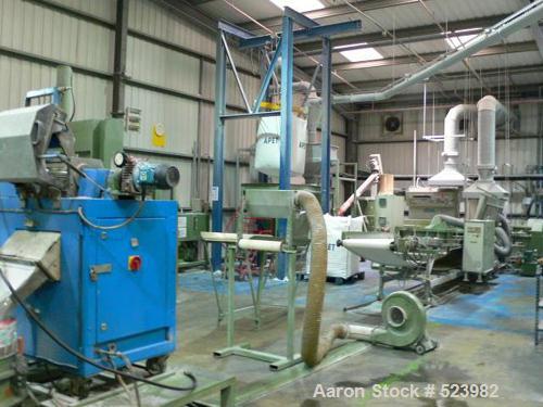 USED: Erema 100 mm RGA100e reclaim line. Agglomerator, 100 mm diameter extruder, twin vent, spag die head, conveyor and pelletizer.Year 1992