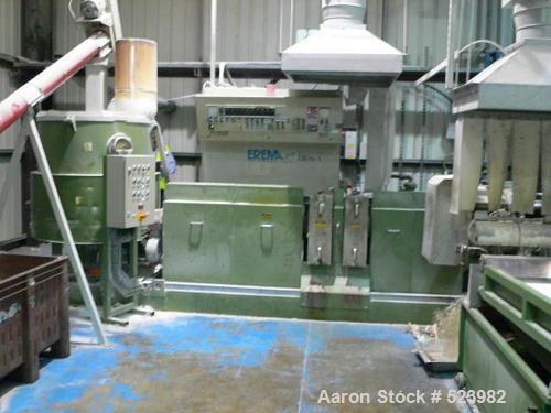 USED: Erema 100 mm RGA100e reclaim line. Agglomerator, 100 mm diameter extruder, twin vent, spag die head, conveyor and pelletizer.Year 1992