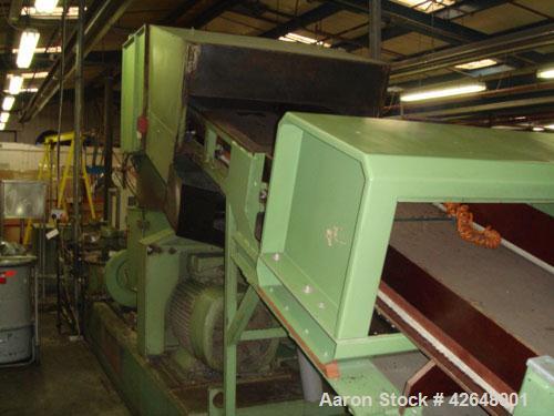 Used Erema RGA 80 T Recycling Line, built 1995. Capacity 441 lbs/h (200 kg/h) of dry non-printed LDPE flexible film. Comprised of:  (1) Belt conveyor, (1) metal detector, (1) RM-combination RM-808T, ...