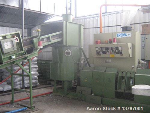 Used Erema RGA 120. Approximate 32:1 L/D ratio, capacity of 1500 to 1600 lbs/hour. Electrically heated, air cooled, double vented barrel. Driven by a 170 kW DC motor thru a gearbox. Includes new retr...