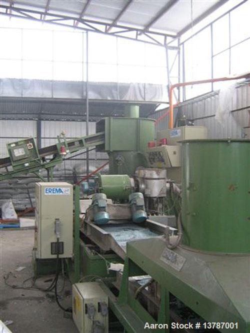 Used Erema RGA 120. Approximate 32:1 L/D ratio, capacity of 1500 to 1600 lbs/hour. Electrically heated, air cooled, double vented barrel. Driven by a 170 kW DC motor thru a gearbox. Includes new retr...