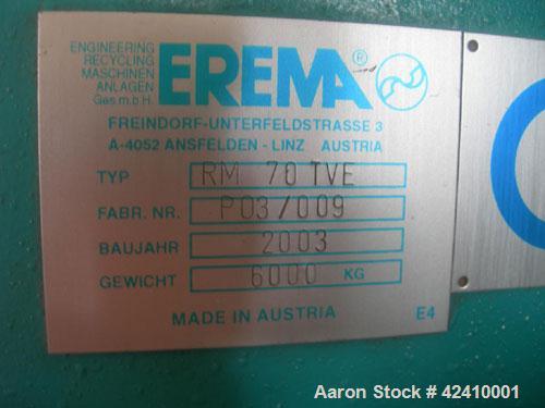 Used Erema RM 70 TVE Plastic Recycling Line. 2.76" (70 mm) diameter single screw extruder with a capacity of 441-551 lbs/hour (200-250 kg/h), with double back flush filtering system, double vented, 3...