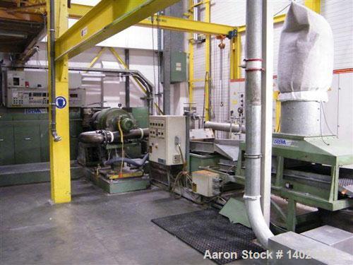 Used Erema Plastic Recycling Line. Screw size 6.3" (160 mm), L/D 16, 213 hp/160 kW motor, 65 kw heating, 146.7 hp/110 kW cutter compactor drive. Compactor drum diameter/height 47.2" (1,200 mm), outpu...