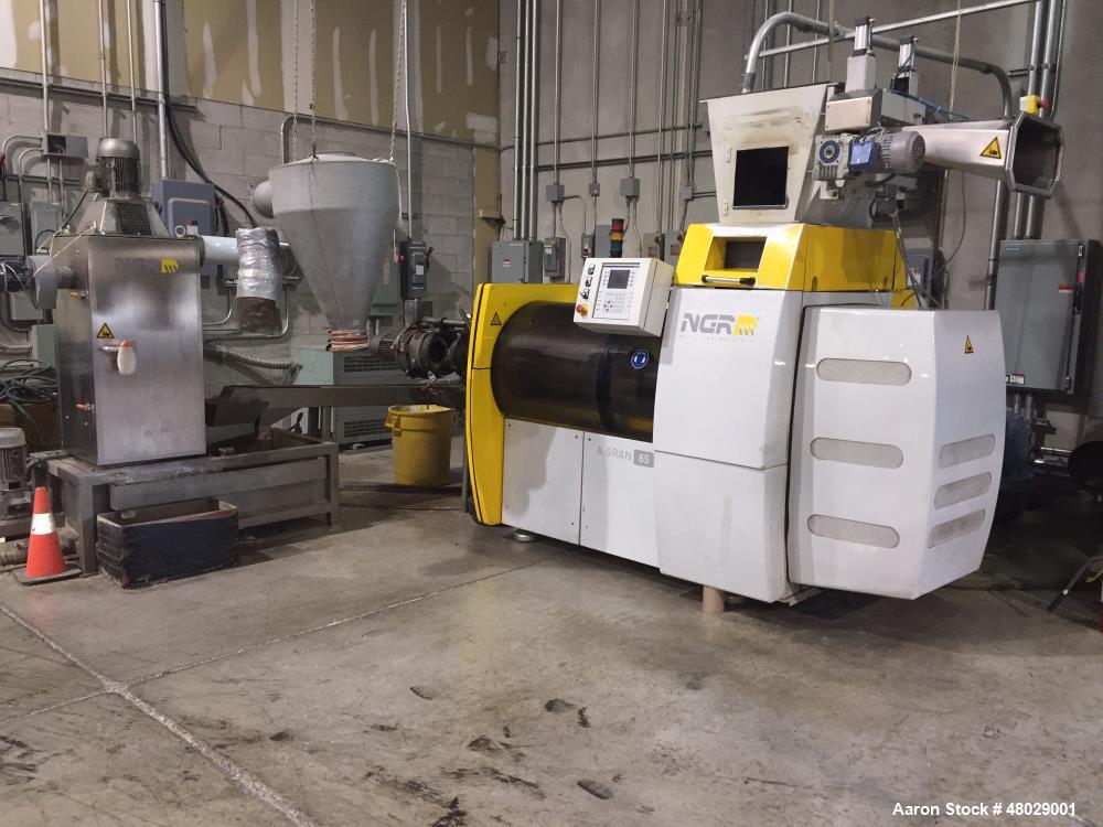 Used NGR Gran Shredder-Feeder-Extruder Combination Machine, Model A:GRAN 65-40. 65mm x 400mm, 100 kg/hr max. 220 lbs/hr max. One-Step technology, one button automatic on/off control. Dump and run ope...