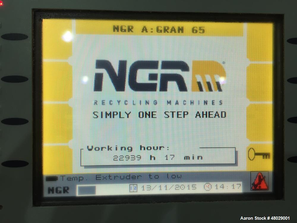 Used NGR Gran Shredder-Feeder-Extruder Combination Machine, Model A:GRAN 65-40. 65mm x 400mm, 100 kg/hr max. 220 lbs/hr max. One-Step technology, one button automatic on/off control. Dump and run ope...
