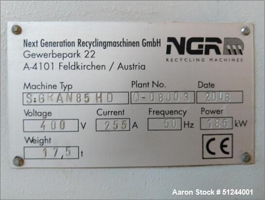 Used NGR-Next Generation Recycling S-Gran 85 HD Plastic Recycling Line
