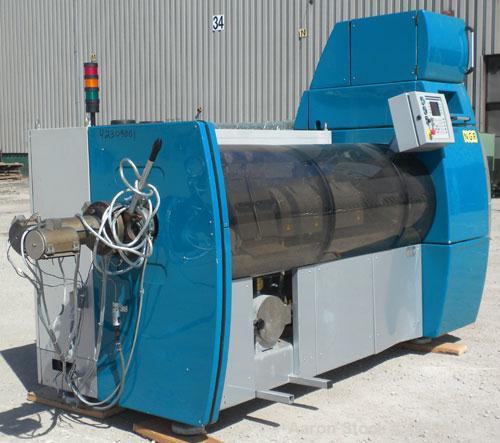 Used NGR Recycling Machine 55mm (2.16’’) Single Screw Extruder, Model A55VSP. Approximate to 1 L/D ratio. Electrically heated, air cooled dual side vented barrel with vacuum pump and tank. Feed throa...