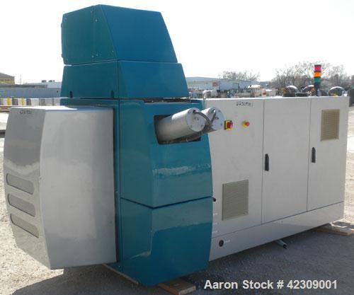 Used NGR Recycling Machine 55mm (2.16’’) Single Screw Extruder, Model A55VSP. Approximate to 1 L/D ratio. Electrically heated, air cooled dual side vented barrel with vacuum pump and tank. Feed throa...